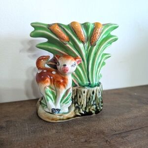 Vintage Wall Pocket Planter Charming Green Brown Fawn Deer Ceramic Art Japan